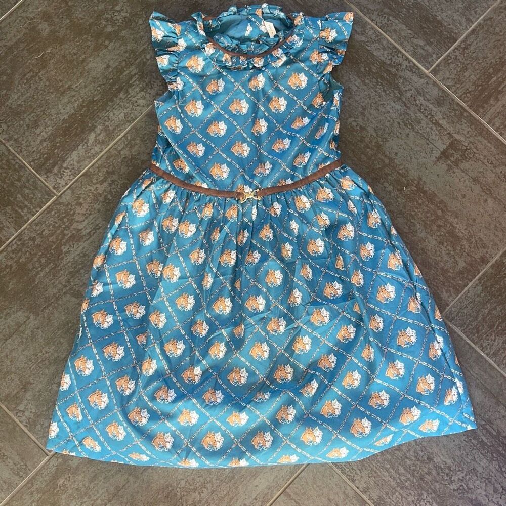 Janie and Jack Teal Blue Floral Print Casual Dress with Brown Belt